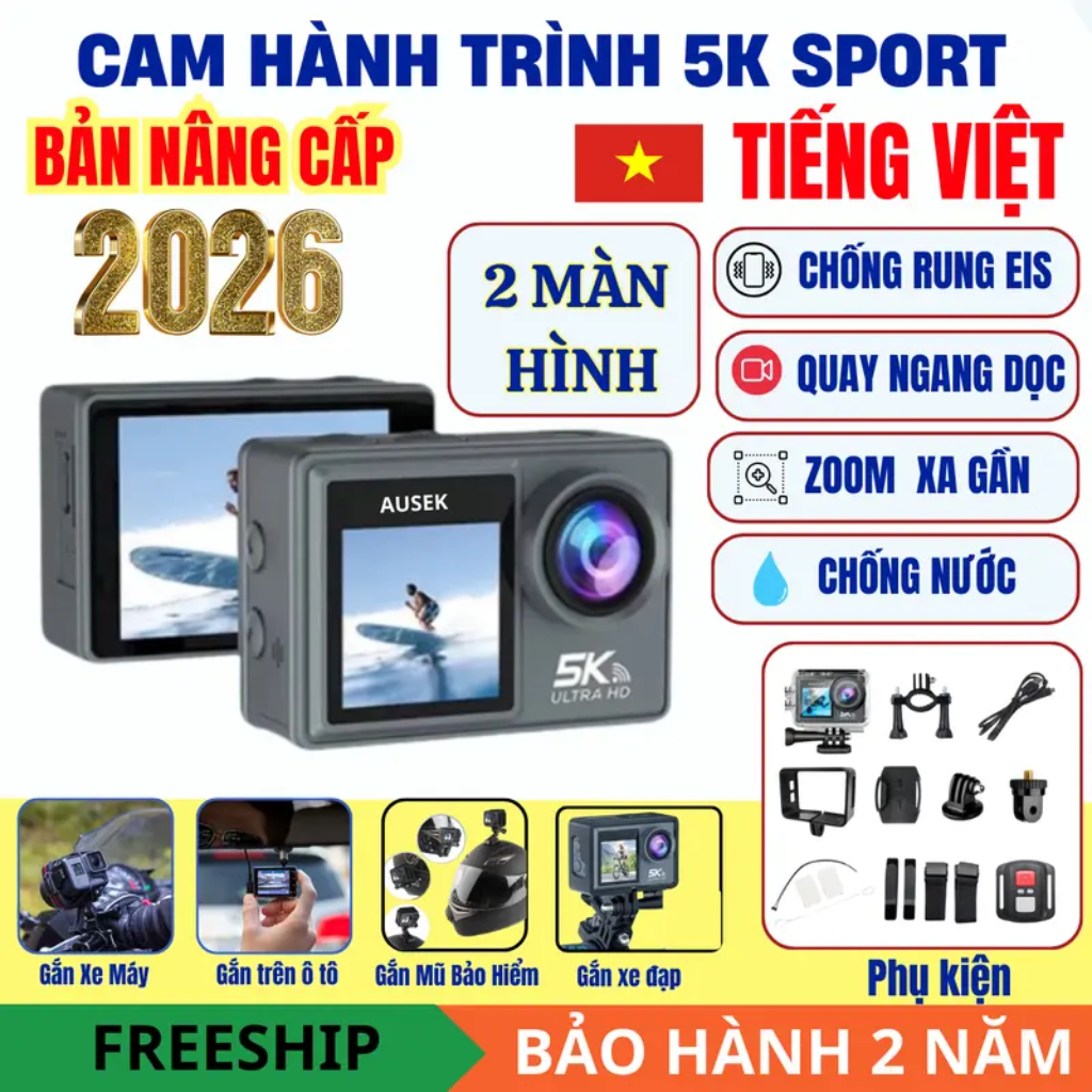 Camera Hành Trình 5k Ausek, Máy Quay Hành Trình Màn Hình Kép Tích Hợp Chống Rung Chống Nước