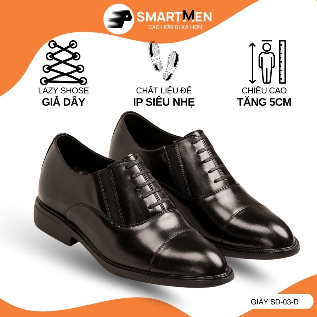 [KHÔNG CẦN BUỘC DÂY ] Giày siêu nhẹ Tăng 5cm chiều cao SMARTMEN SD-03 Đen , Da bò cao cấp-Giả dây