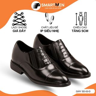 [KHÔNG CẦN BUỘC DÂY ] Giày siêu nhẹ Tăng 5cm chiều cao SMARTMEN SD-03 Đen , Da bò cao cấp-Giả dây