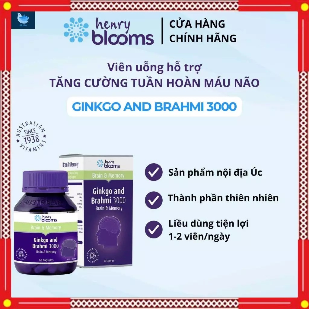 Viên uống hỗ trợ tăng cường tuần hoàn máu não Ginkgo & Brahmi 3000mg - henry blooms xuất xứ tại úc