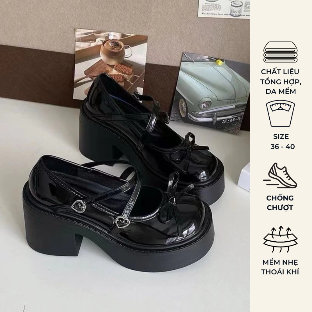 Giày lolita nữ đế cao oxford thiết kế hai quai đính nơ xinh xắn đi chơi đi học GD50 HYEON (LÙI 1 SIZ