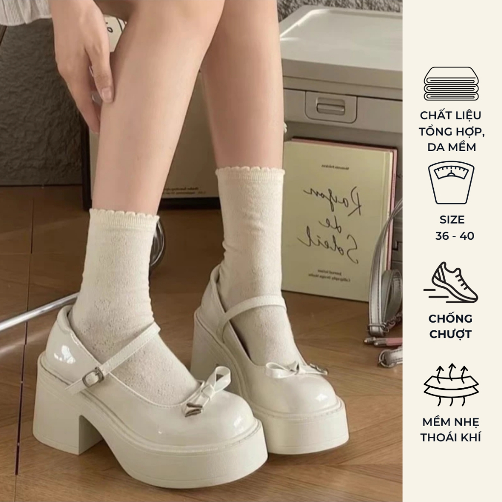 Giày mary jane nữ cao gót đế dày cao 7cm mũi tròn gắn nơ siêu xinh hottrend 2025 HYEON GD43 (LÙI 1 S