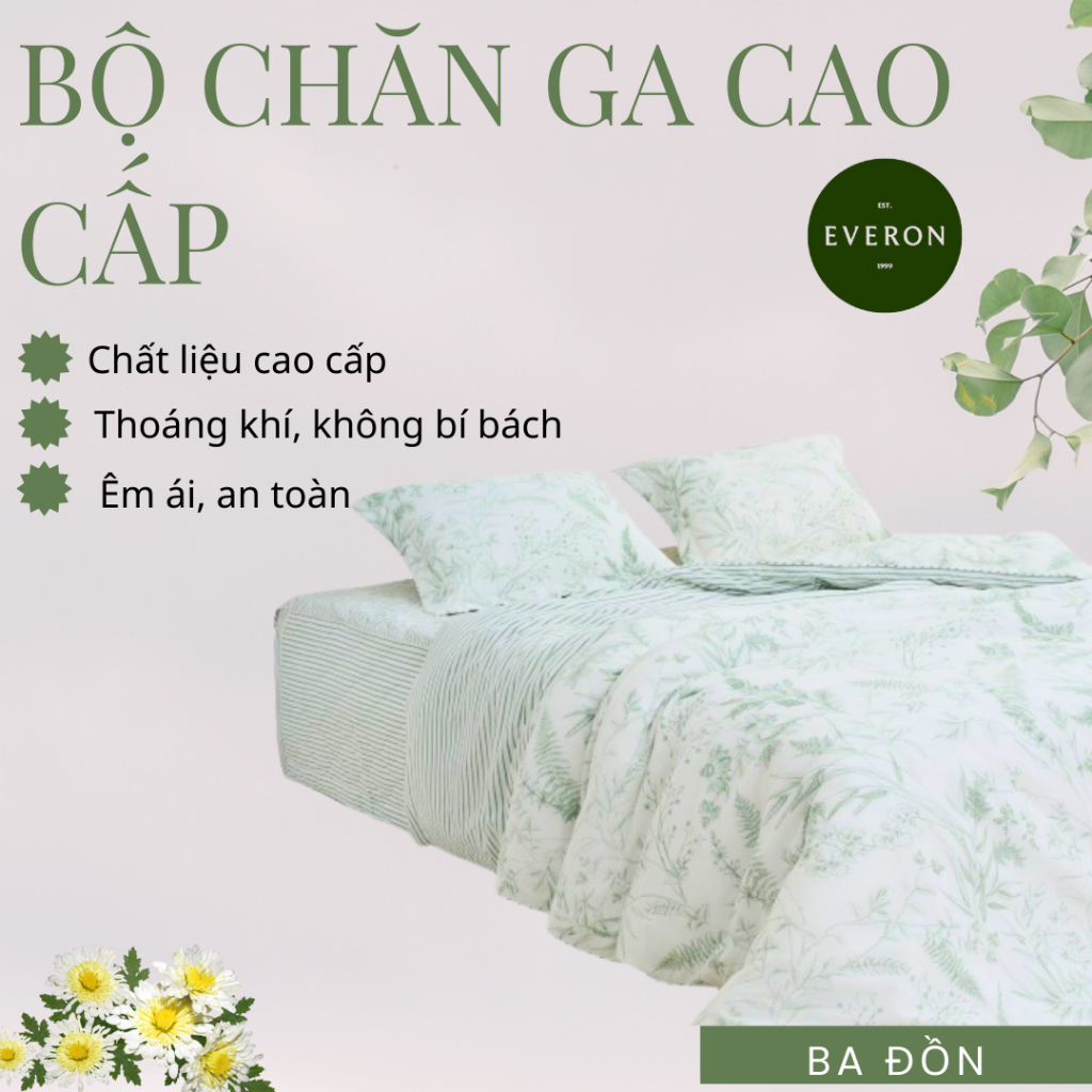 Bộ Chăn Ga Gối Everon EPM25032 Ga Chun Cotton Cao Cấp,Thoáng Mát,Hoa Văn Thanh Lịch,Bộ Ga Giường Đẹp