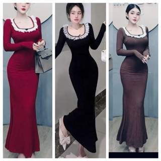  Có Đỏ Đậm Đầm Body Dáng Dài Cổ Vuông Dài Tay Váy Ôm Body Cổ U Viền Ren Đũi Bèo Tiểu Thư Chất Tăm Hàn Mềm Mịn Khoá Sau. 