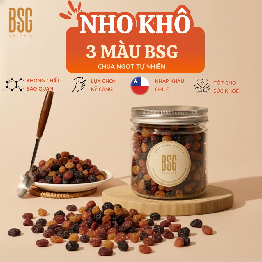 Nho Khô 3 Màu KHÔNG HẠT BSG – Chua Ngọt Tự Nhiên, Dẻo Thơm, Không Đường