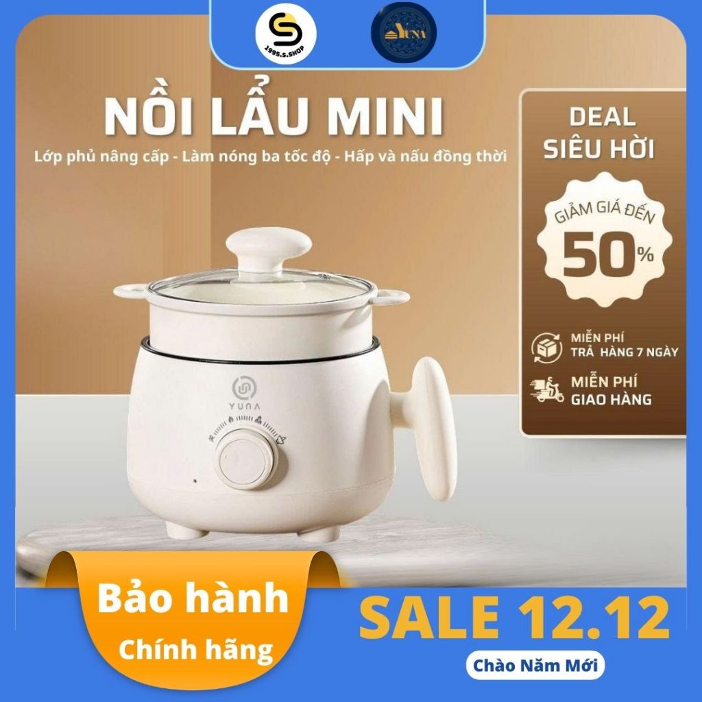  Nồi Điện Mini Đa Năng 2.0L – Nấu Mì, Hấp, Luộc – Công Suất 600W – Lòng Gốm Đen Chống Dính – Có Xửng Hấp