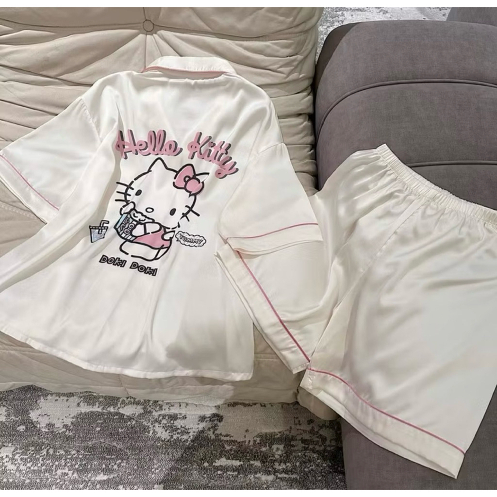 Pijama Hello Kitty lụa trắng viền hồng quần ngắn dễ thương, mát mịn