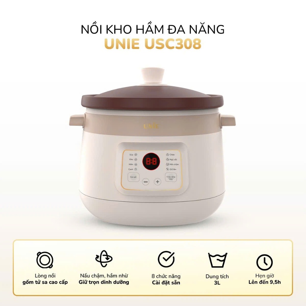Nồi kho hầm đa năng UNIE USC308 dung tích 3L, lòng nồi gốm tử sa, 8 chức năng kho hầm