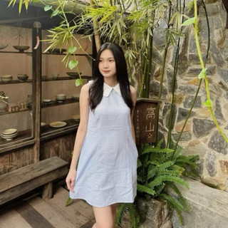 Váy sơ mi kẻ phối cổ sen tiểu thư sang chảnh đầm sát nách thiết kế dáng xuông cho nàng đi chơi đi tiệc đi biển