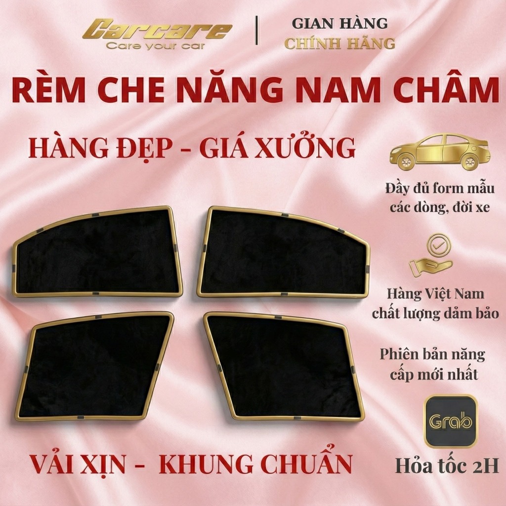 Rèm che nắng ô tô bộ 4 tấm chính hãng Carcare - Rèm nam châm ô tô chuẩn form vừa khít cho xe - Hàng VN chất lượng cao