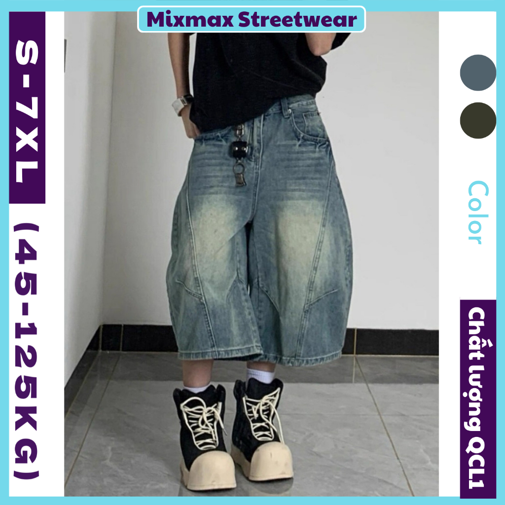 [SẴN-CÓ BIG SIZE] Quần short jean ống rộng form vòng cung ống bí hot trend hiphop qua gối denim wash