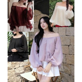  5 màu Vải tơ lưới có lót mịn Áo trễ vai tay dài phồng xuyên thấu bo chun form bí bồng bềnh dễ thương gợi cảm TINA TOP 