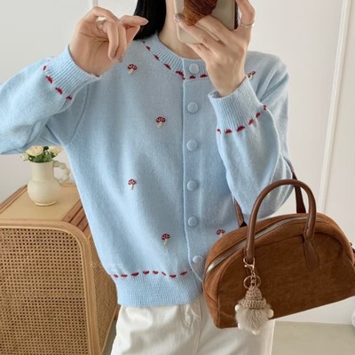 Áo Cardigan Len Thêu Nấm Dễ Thương 1130 Evalover, Kiểu Dáng Free Size Co Giãn Thoải Mái
