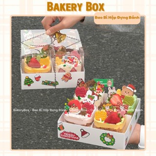  10 Hộp Giấy 4 Ngăn Nắp Nhựa Trong Đựng Bánh Ngọt Mix Hủ Bánh Lạnh 