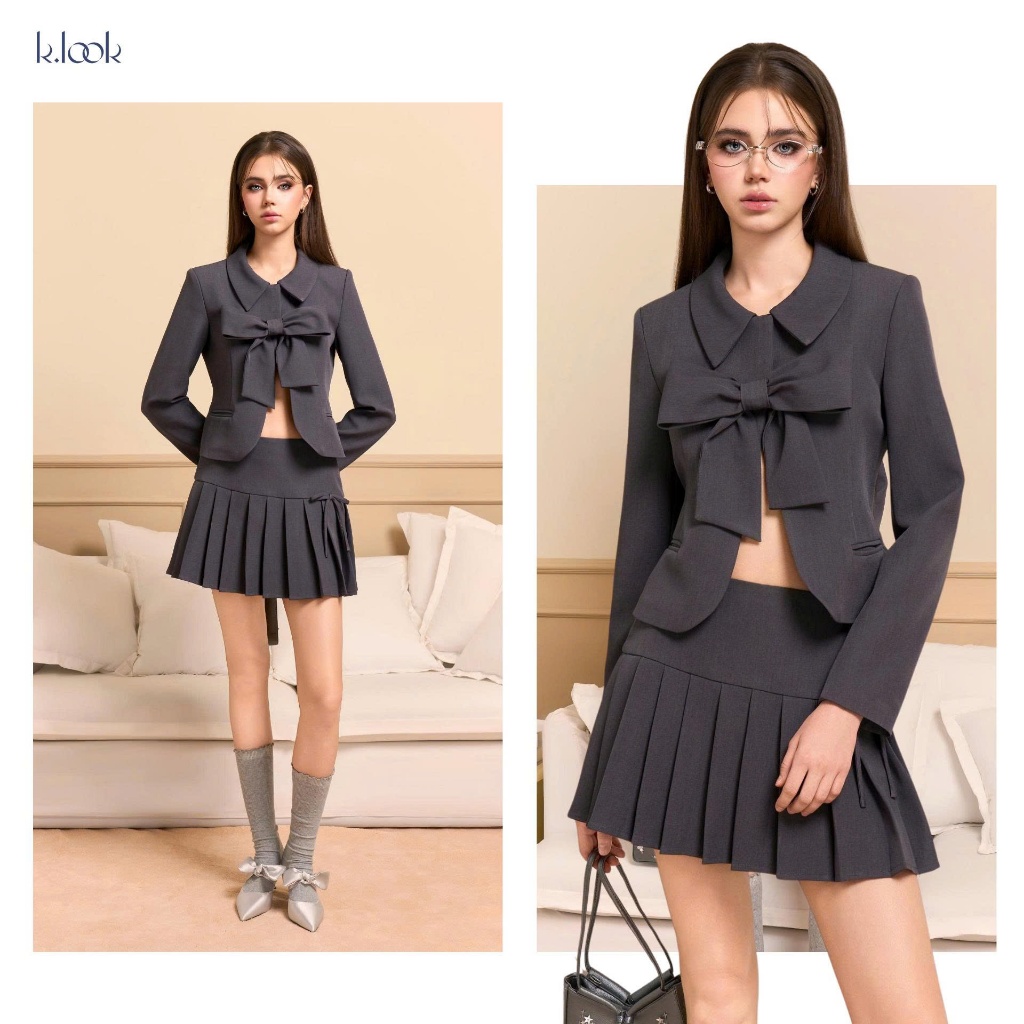 KLOOK Set đồ nữ ÉLORA Lumina, set áo khoác nữ phối nơ mix chân váy xếp ly dáng xòe chất chéo Nhật ló