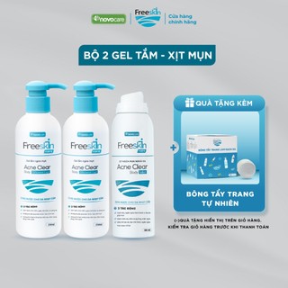  Combo 2 Gel tắm ngừa mụn 250ml & 1 Xịt mụn lưng 80ml Novocare - Freeskin Forte dùng cho mụn cơ thể viêm nang lông 