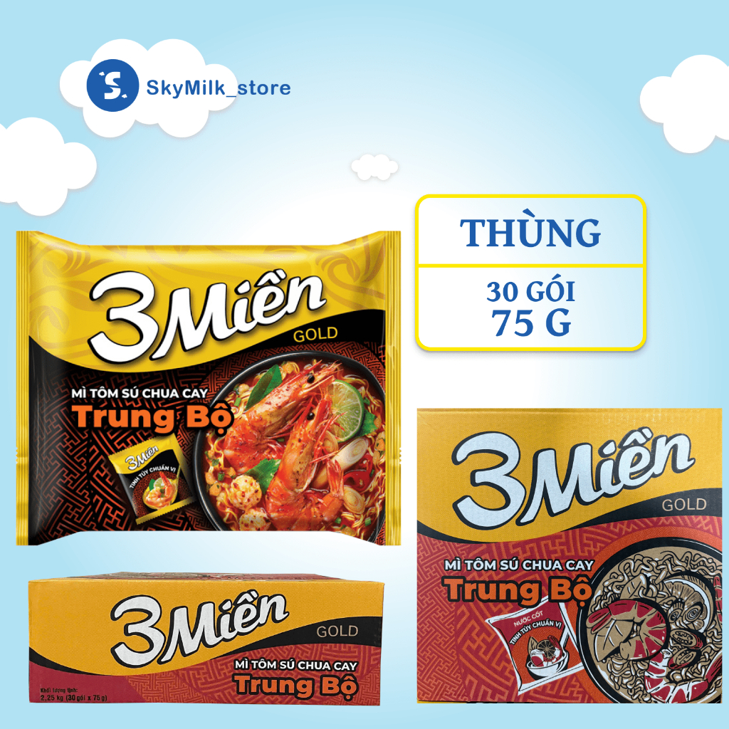Thùng 30 Gói Mì 3 Miền Gold Tôm Sú Chua Cay Trung Bộ 75g - Mì 3 Miền Gold Chua Cay - Mì tôm 3 Miền