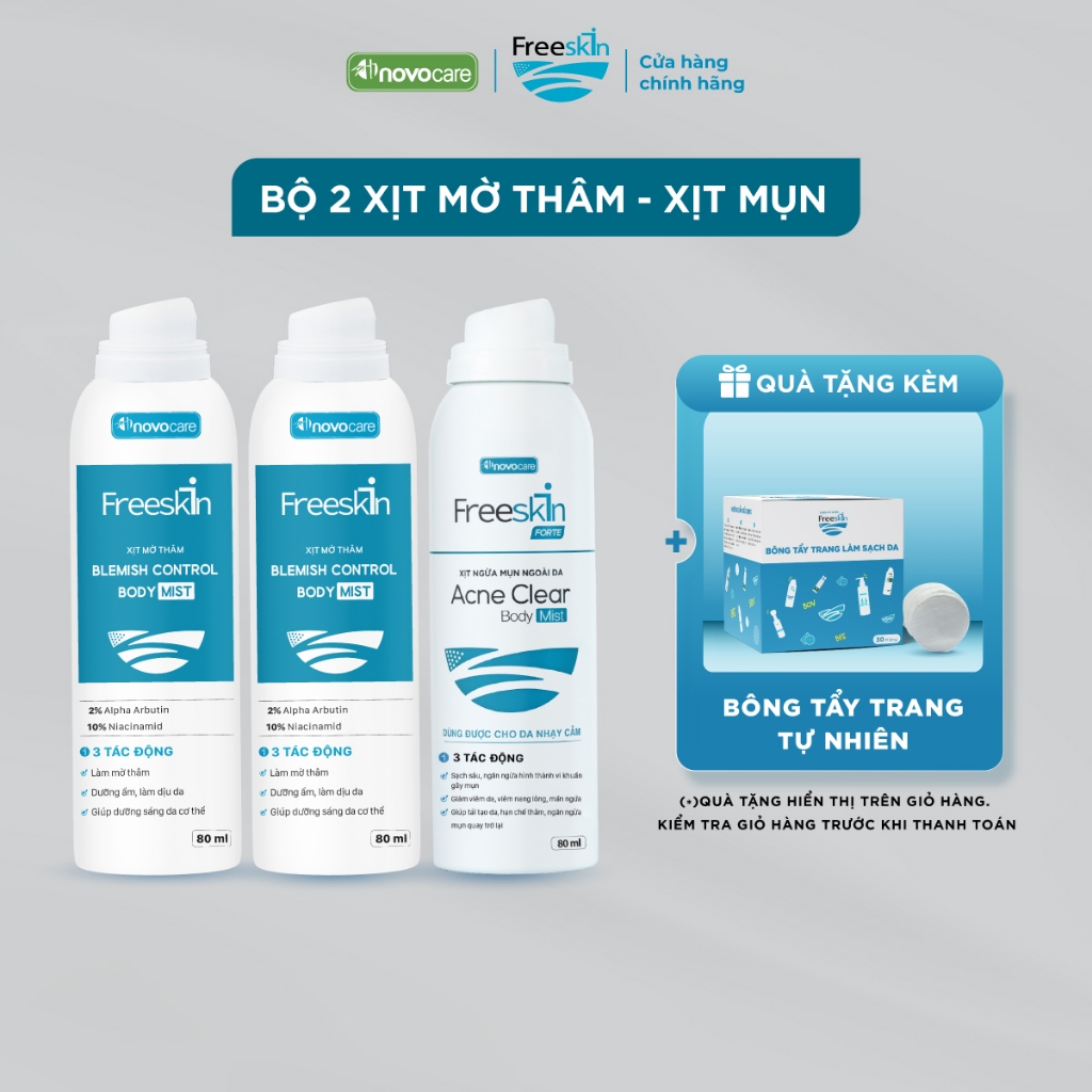 Combo 1 Xịt mụn Acne Clear Body Mist 80ml & 2 Xịt mờ thâm Blemish Control Body Mist 80ml Novocare - 
