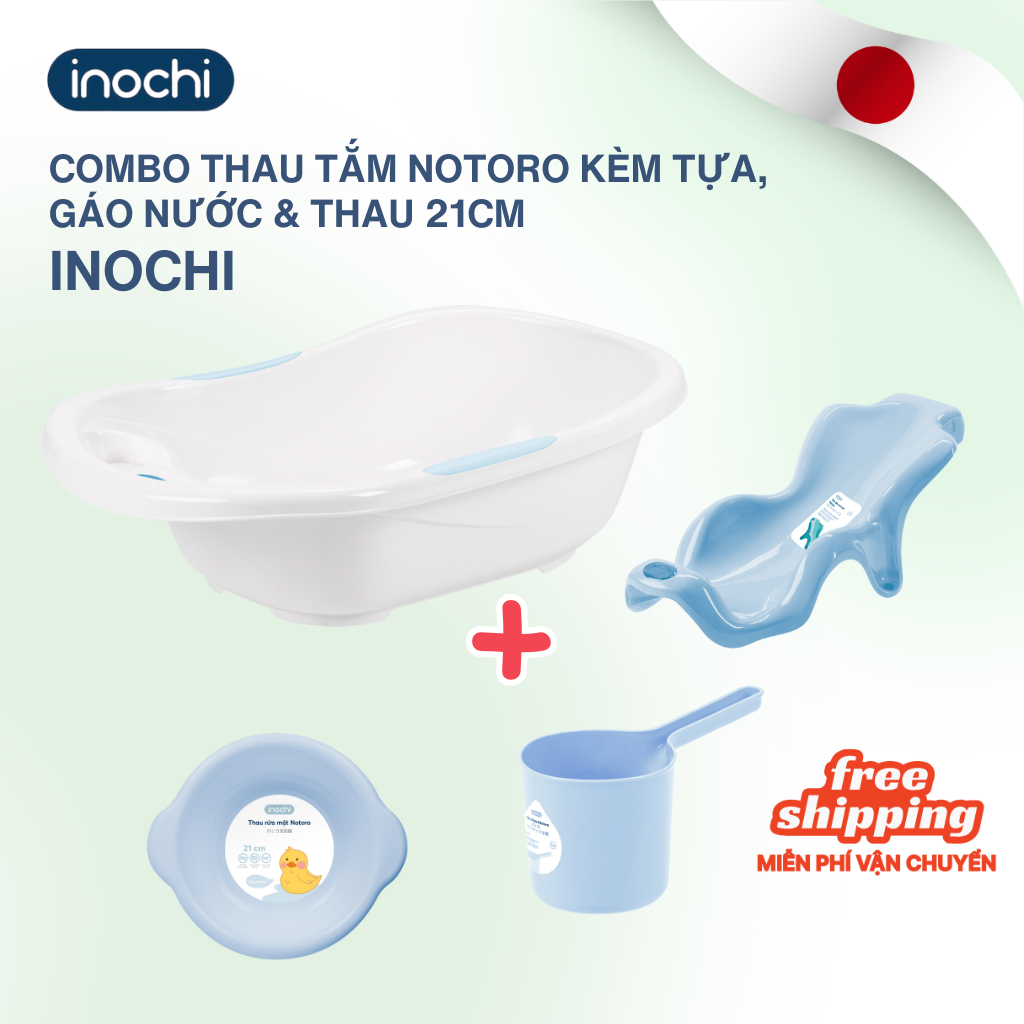 COMBO Chậu tắm cho bé sơ sinh Notoro Inochi 120L lớn tặng kèm tựa tắm, thau rửa mặt 21cm, gáo nước