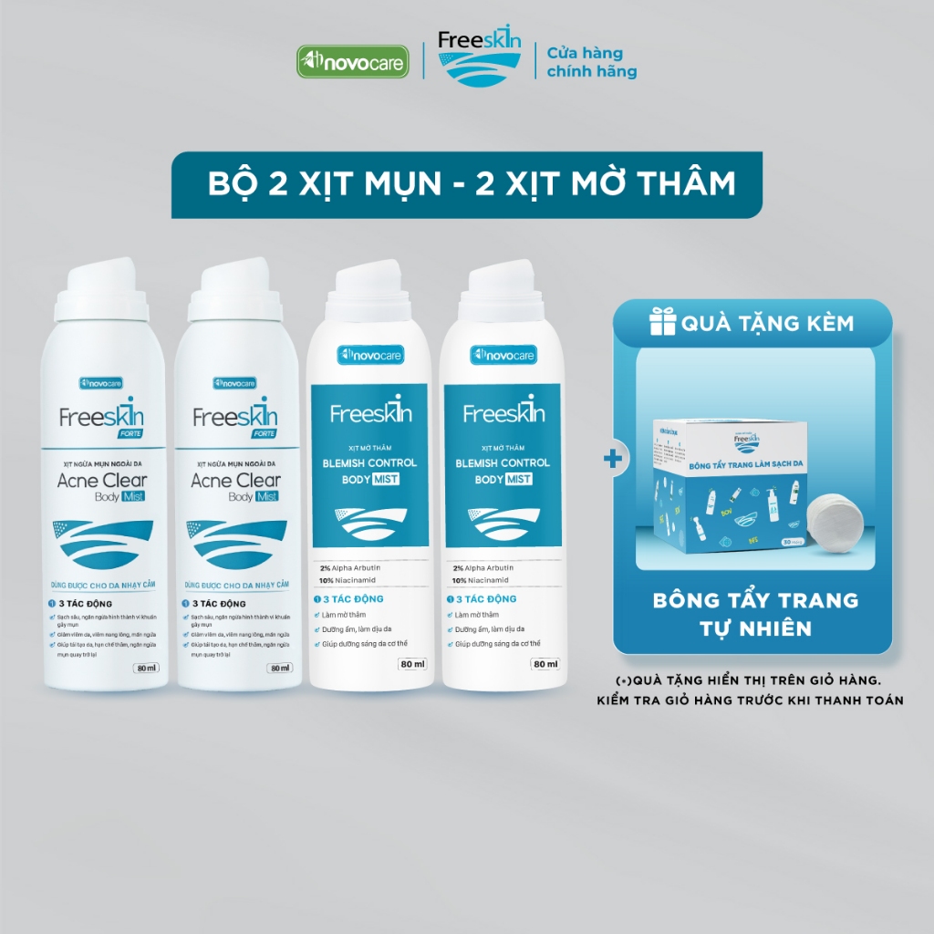 Combo 2 Xịt mụn Acne Clear Body Mist 80ml & 2 Xịt mờ thâm Blemish Control Body Mist 80ml Novocare - 