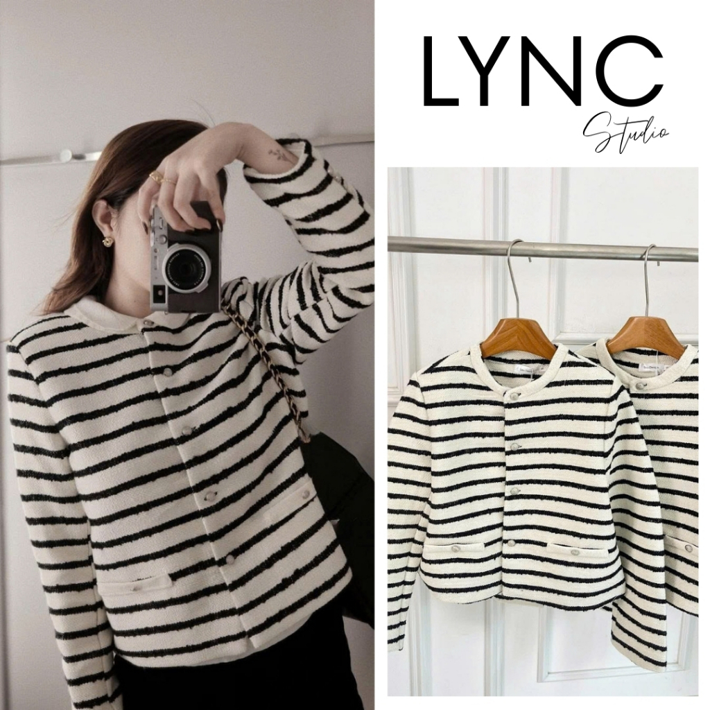 LYNC STUDIO - Áo khoác dạ đối kẻ cổ tròn ( có lớp lót trong ) chất dạ mềm LCA4385A