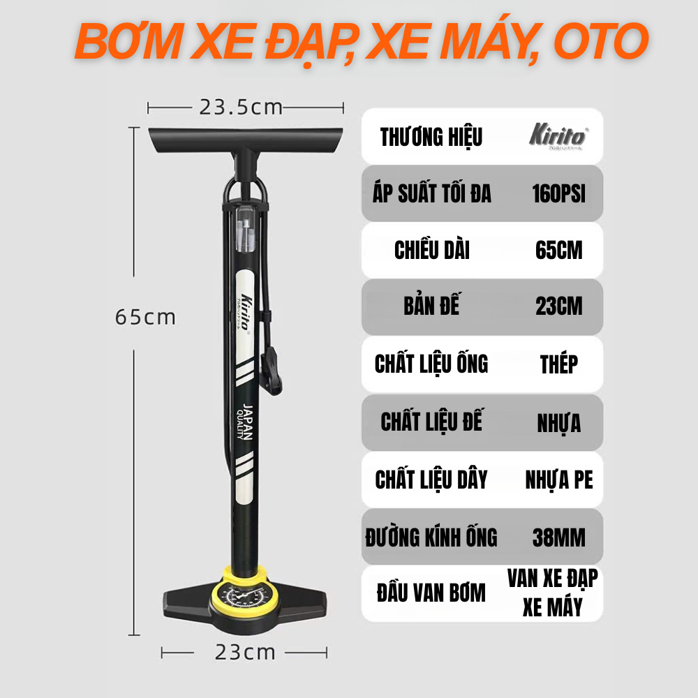 Kirito Japan Bơm Xe Đạp 7032B Bơm Tay Ống 38mm Dài 65cm Có Đồng Hồ Áp Suất