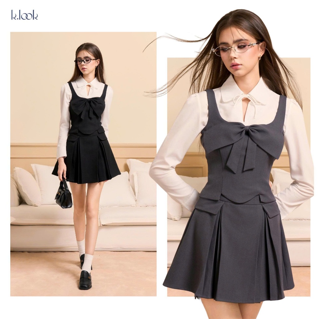 KLOOK Đầm tiểu thư ÉLORA Aura phối sơ mi dày tay kèm áo corset, váy kiểu nữ dáng A phong cách Hàn Qu