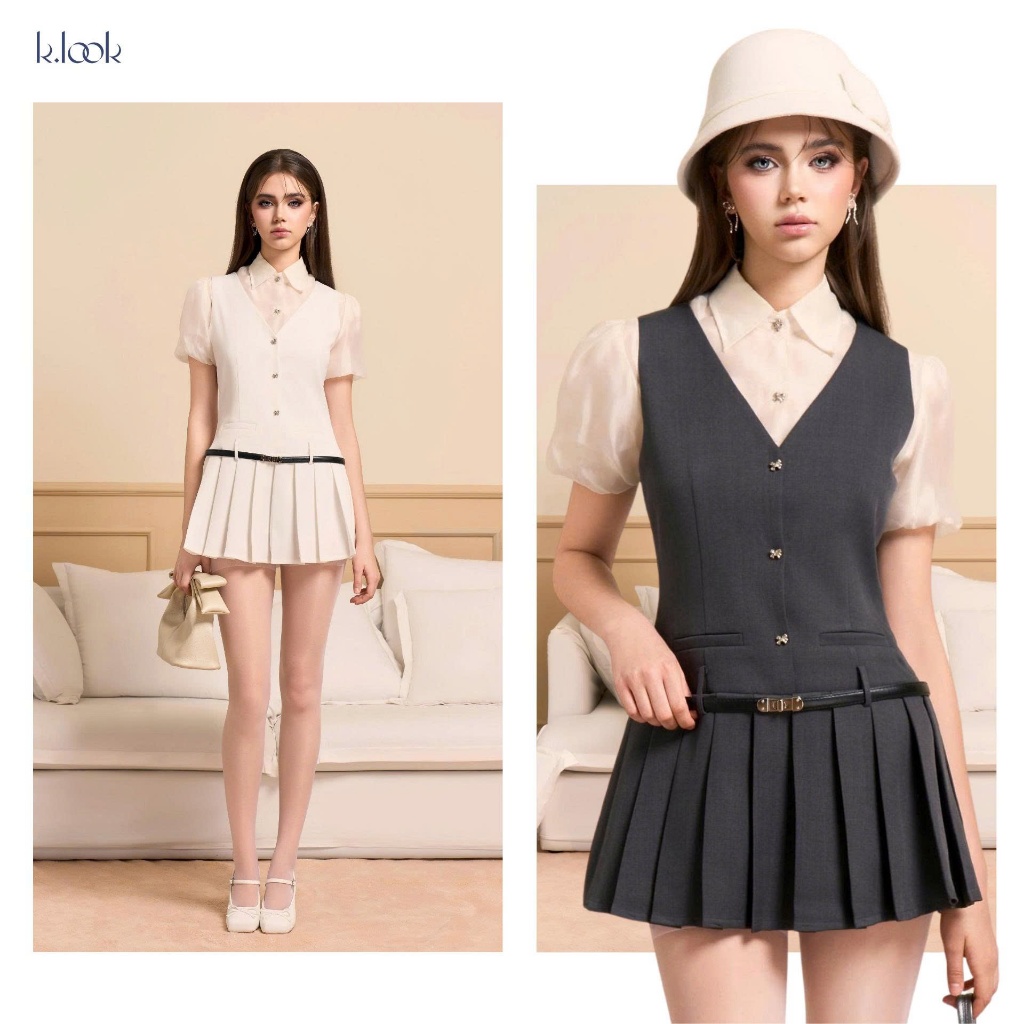 KLOOK Váy thiết kế gile xếp ly ÉLORA Céleste, váy liền phối áo sơ mi tơ thanh lịch đi dạo phố