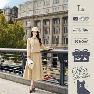   BST Mira  TIINSTORE Áo dạ thiết kế cổ viền thắt nơ phối Chân váy xếp ly thanh lịch ADK.2510.356 CDD.2510.357 