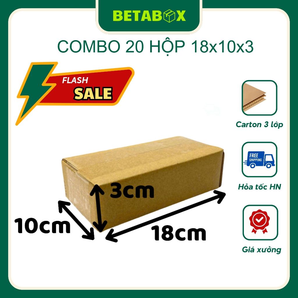 BETABOX - 18x10x3 Combo 20 Hộp carton, bìa catton đóng hàng