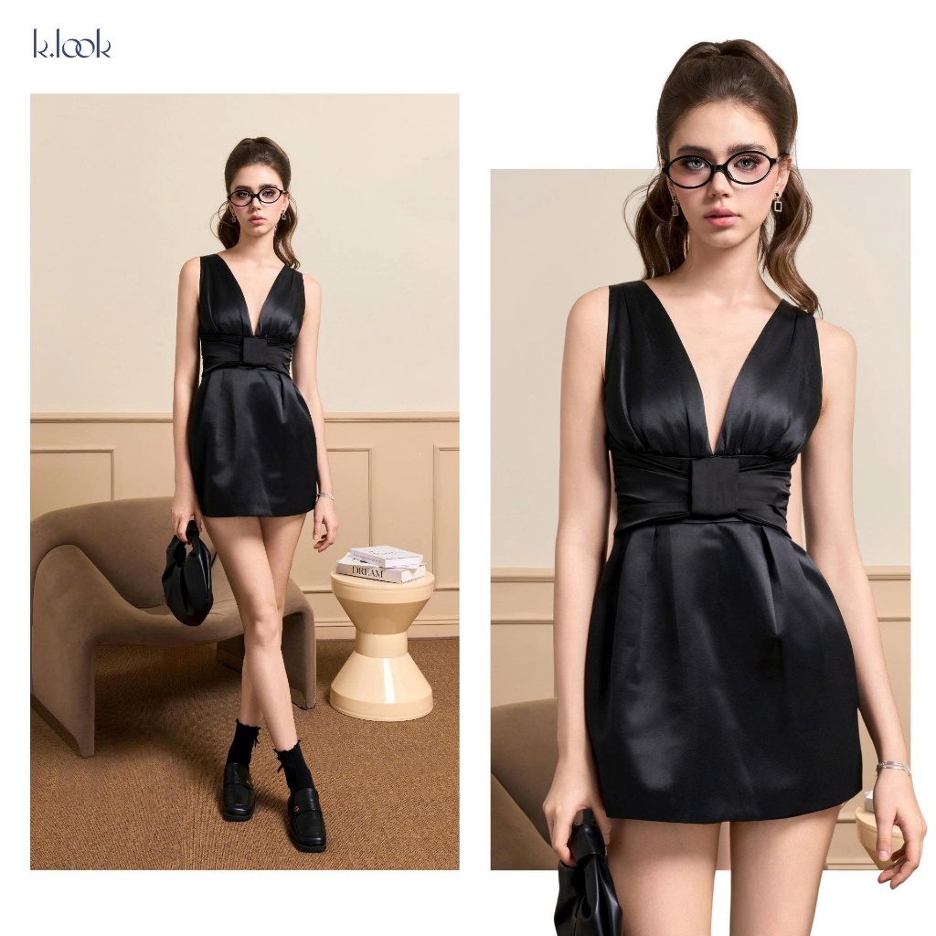 KLOOK Đầm lụa ngắn phối nơ ÉLORA Olivar, Đầm nữ dự tiệc dạo phố sang chảnh