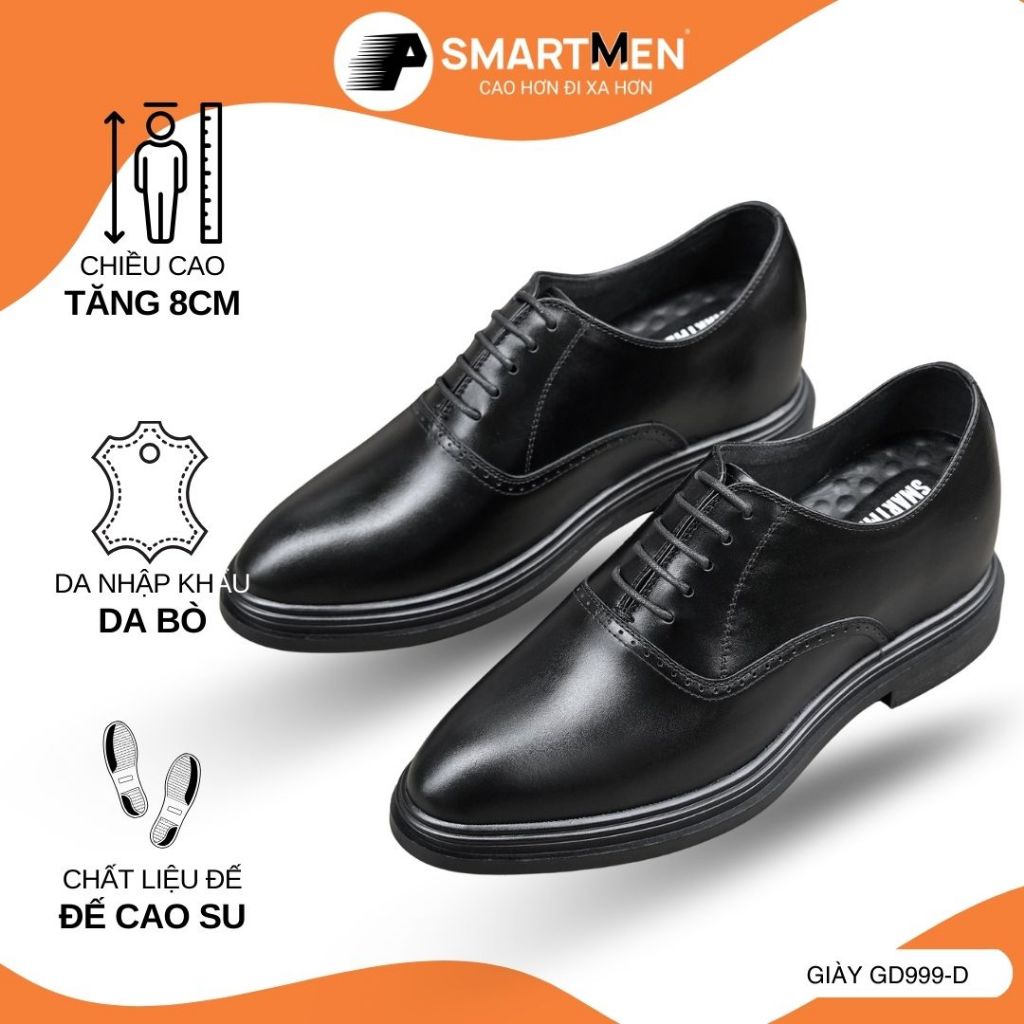 TĂNG chiều cao 8CM Giày Oxford công thái học SMARTMEN GD999 Đen, Da bò cao cấp,Đế cao su nguyên khối
