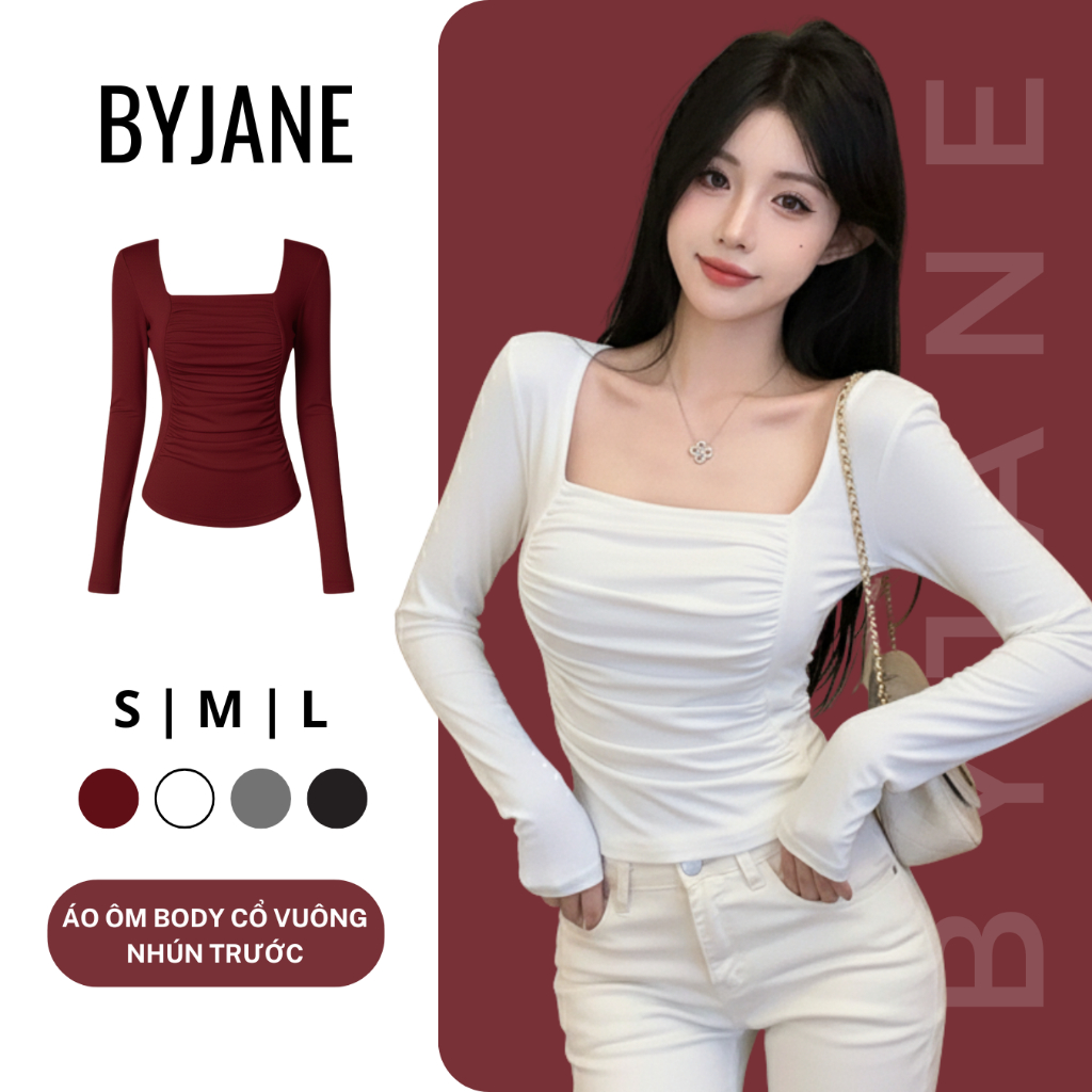 (XẢ KHO) Áo Thun Nữ Dài Tay Ôm Body Cổ Vuông Nhún Trước Chất Thun Mịn Co Dãn 4 Chiều BYJANE - 711 | BigBuy360 - bigbuy360.vn
