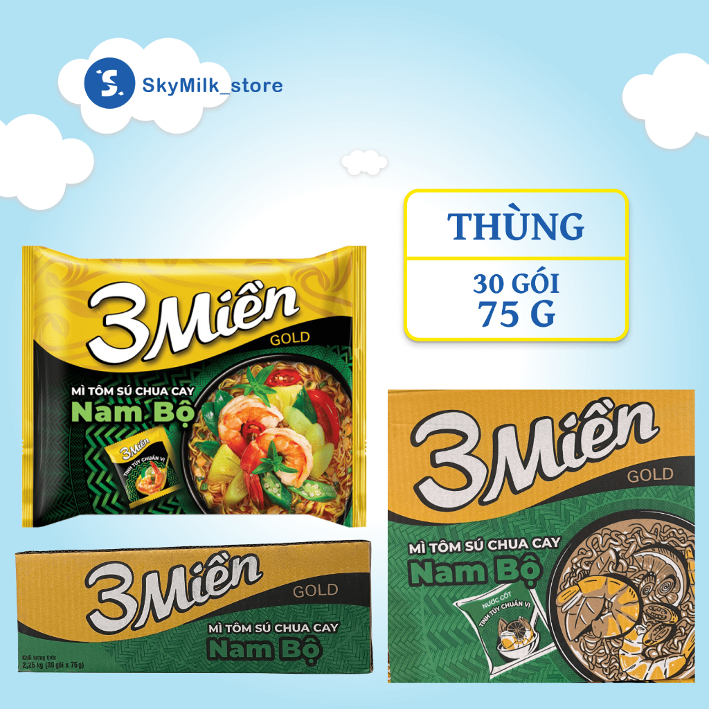 Thùng 30 Gói Mì 3 Miền Gold Tôm Sú Chua Cay Nam Bộ 75g - Mì 3 Miền Gold Chua Cay - Mì tôm 3 Miền