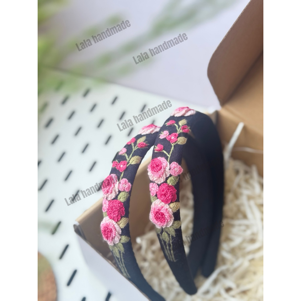 [015 đen hồng] băng đô cài tóc thêu tay, bờm thêu hoa hồng 3d