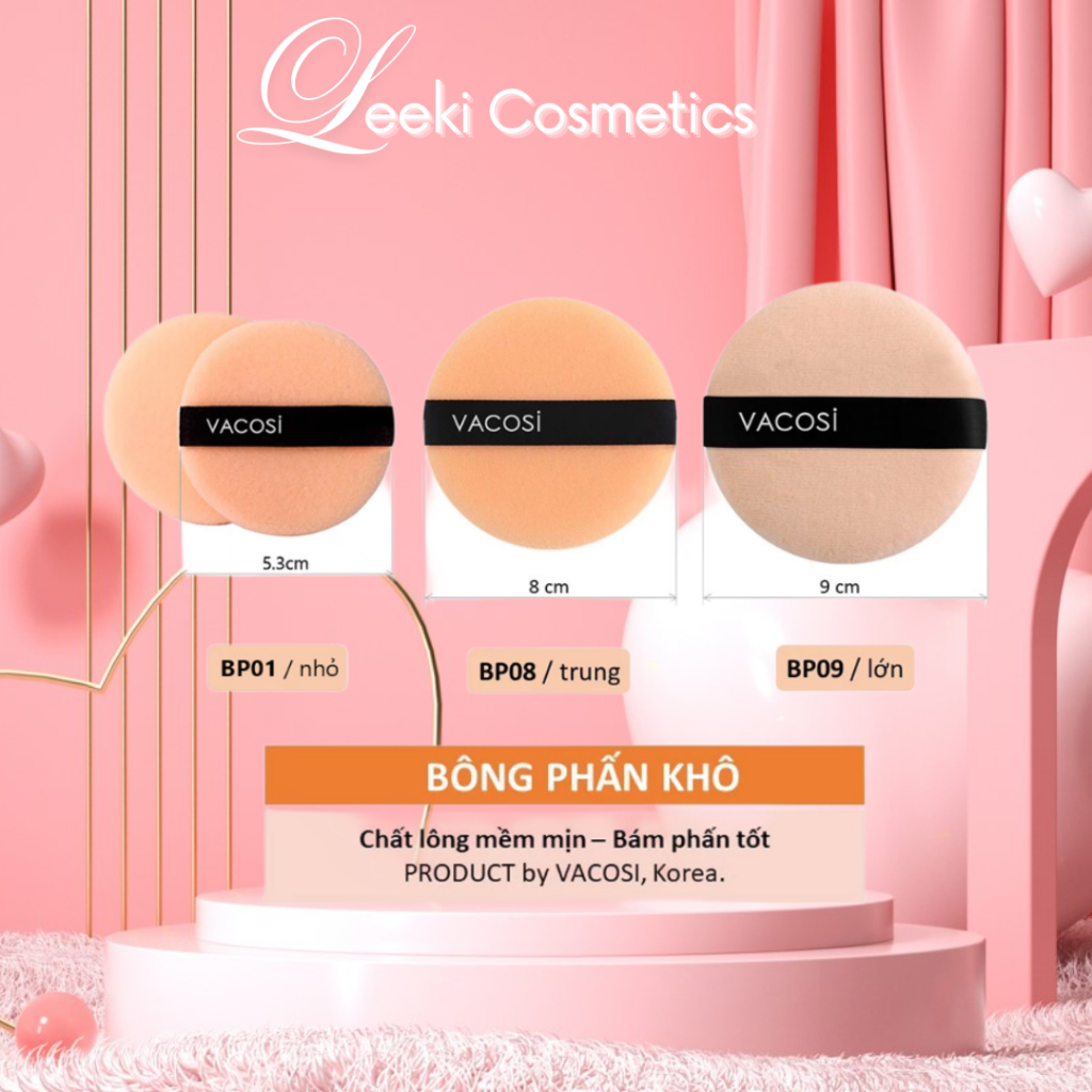 Bông phấn khô trang điểm VACOSI size nhỏ trung lớn tròn BP01, BP08, BP09