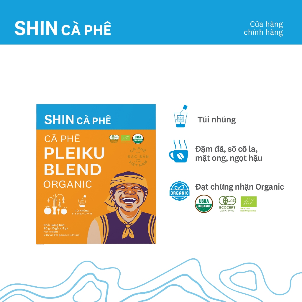 Cà Phê Túi Nhúng - Pleiku Blend Organic - SHIN Cà Phê - Hộp 10 túi