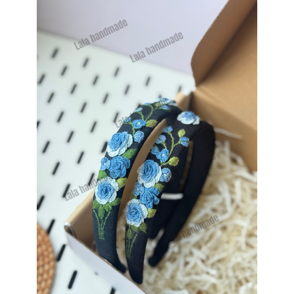 [015 đen xanh] bờm thêu hoa hồng 3d, băng đô thêu tay