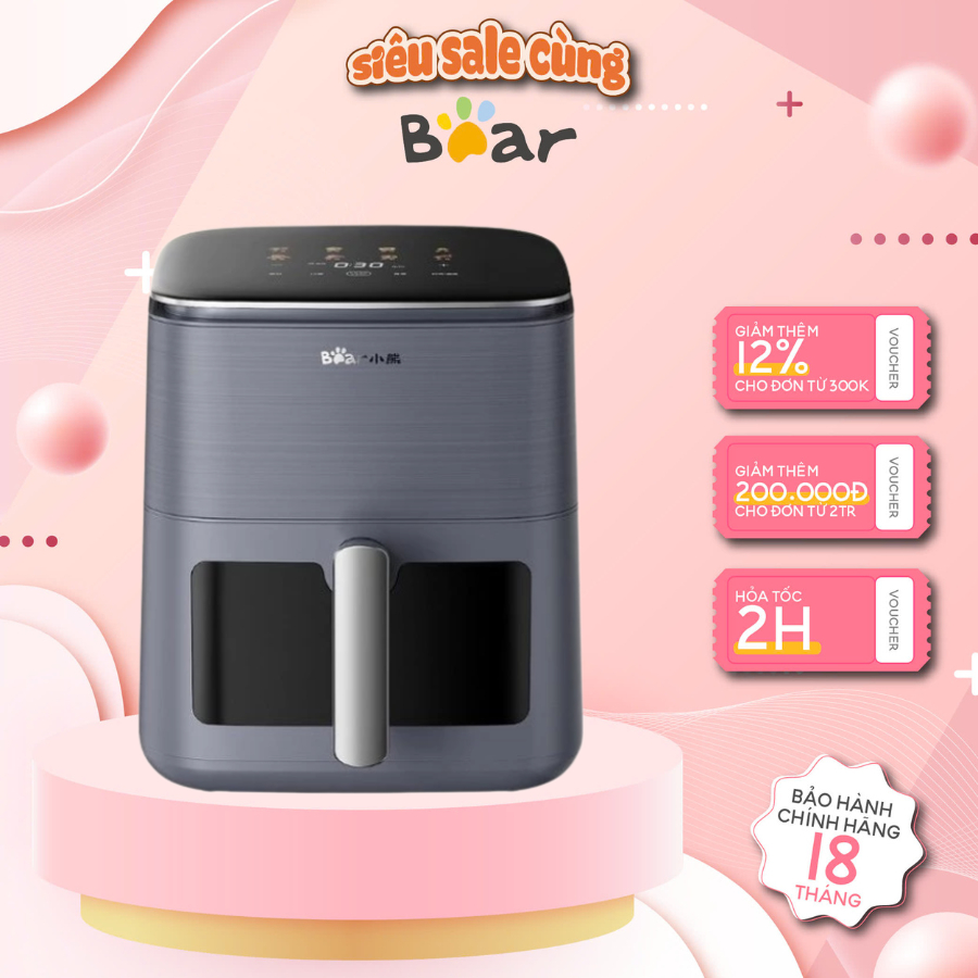 Nồi Chiên Không Dầu Bear AF-4H16K (QZG-H16R3), 6.2L, Csuất 2000W, Rã đông, Hẹn giờ nấu, BH 18 Tháng