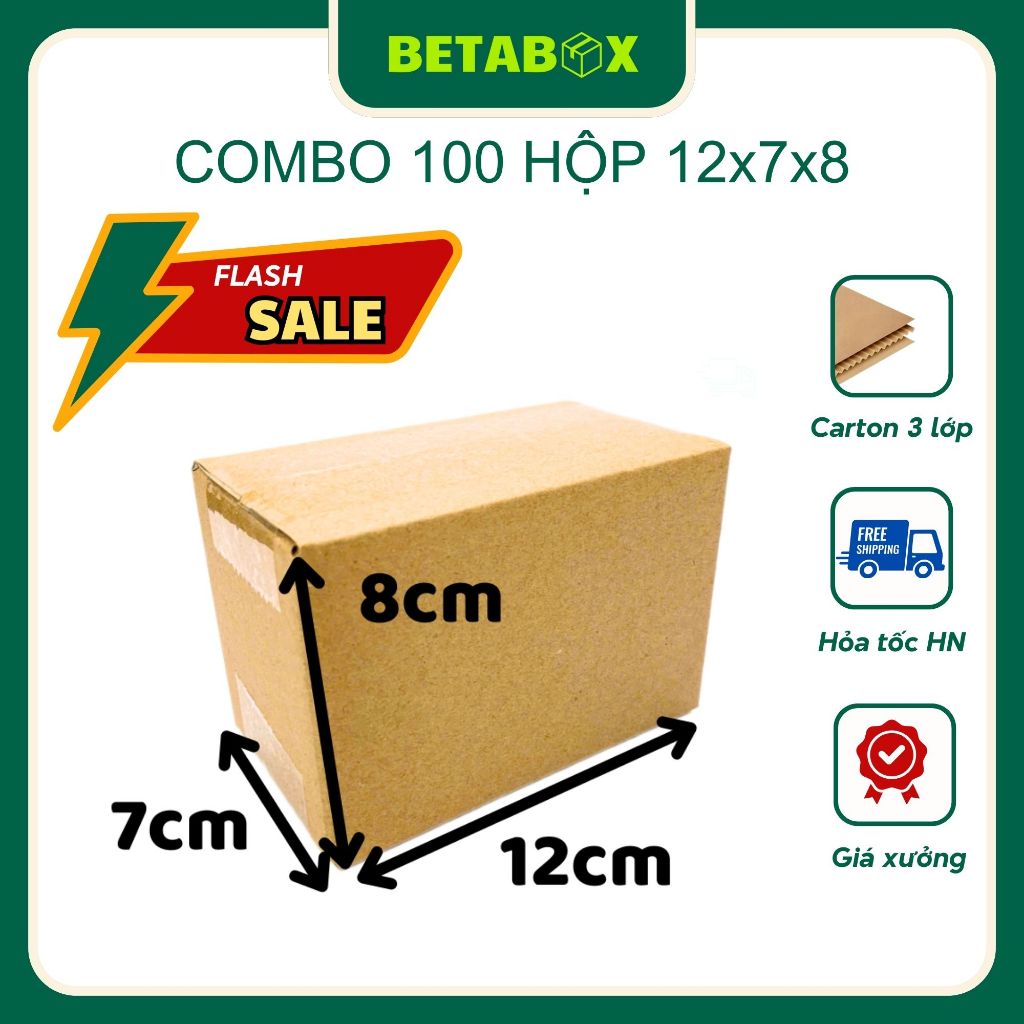 12x7x8 Combo 100 Hộp Carton, bìa carton đóng hàng - BetaBox