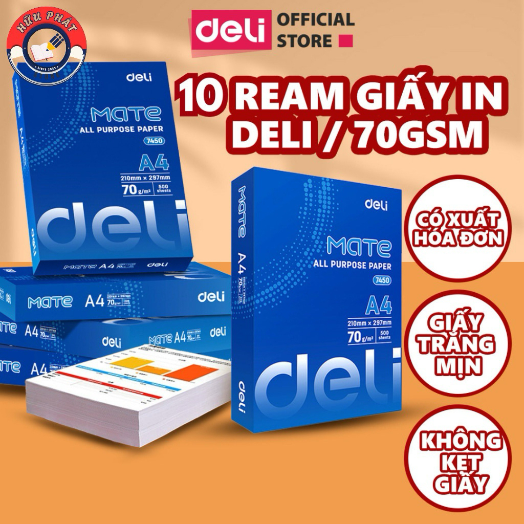 500 tờ Giấy A4 Deli Giấy In Photo Copy 70gsm Chính Hãng Loại Dày 500 Tờ/ Ream Chống Lóa Giấy Mịn