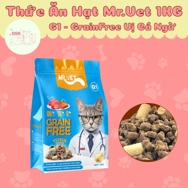 [Chính Hãng] Thức Ăn Hạt Cho Mèo MR.VET 1KG - Dòng G1 Cao Cấp GrainFree , Bảo Vệ Toàn Diện Mèo Cưng