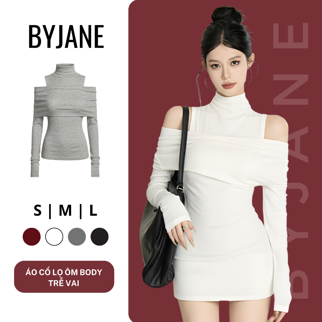 (XẢ KHO) Áo Thun Nữ Cổ Lọ Khoét Vai Tà Trước Ôm Body Chất Thun Mịn Co Dãn BYJANE - 722