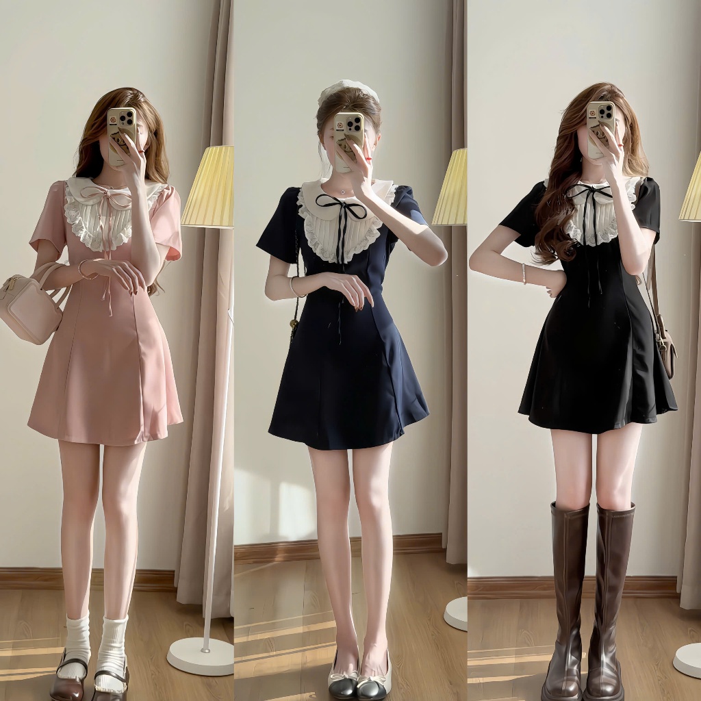 (Dáng Ngắn): Váy Xoè Cổ Sen Ly Ngực Viền Ren Bèo Dây Nơ Mảnh Cùng Màu 3 Tone Full 4 Sz-Ảnh Thật Loll