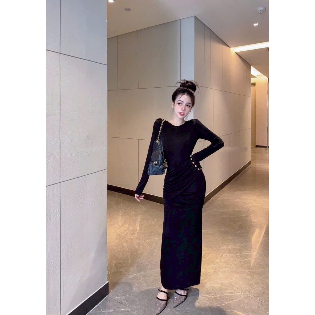 THAO | Đầm Body Dáng Dài Phối Nút Tôn Dáng Cực Xinh.Chất Thunladong T83