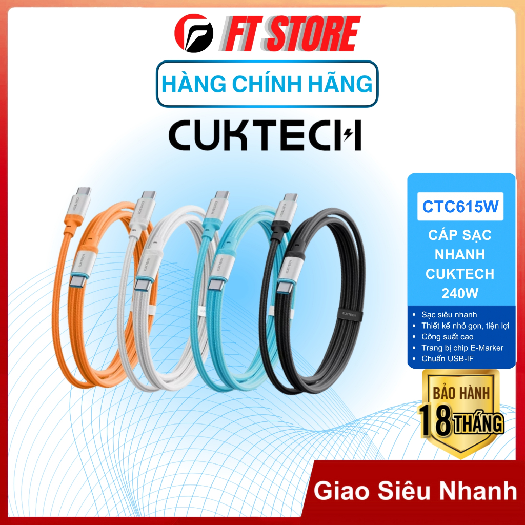 Cáp Sạc Nhanh CUKTECH CTC615W 6A 240W Type C to C, Dài 1.5m, Bện Nylon Siêu Bền, Chống Rối