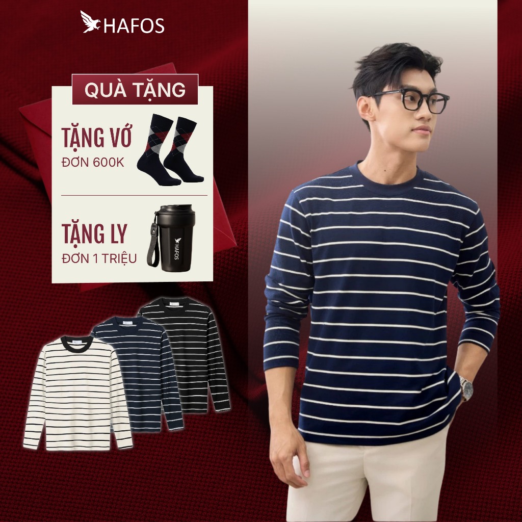  Áo thun nam tay dài STRIPED HAFOS EZ COLLECTION áo thun dài tay kẻ sọc ngang chất liệu thoáng mát áo phông tay dài nam 