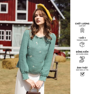 512TO1145- Áo top cổ bèo tech xanh green thêu hoa rơi ADORE (form rộng)