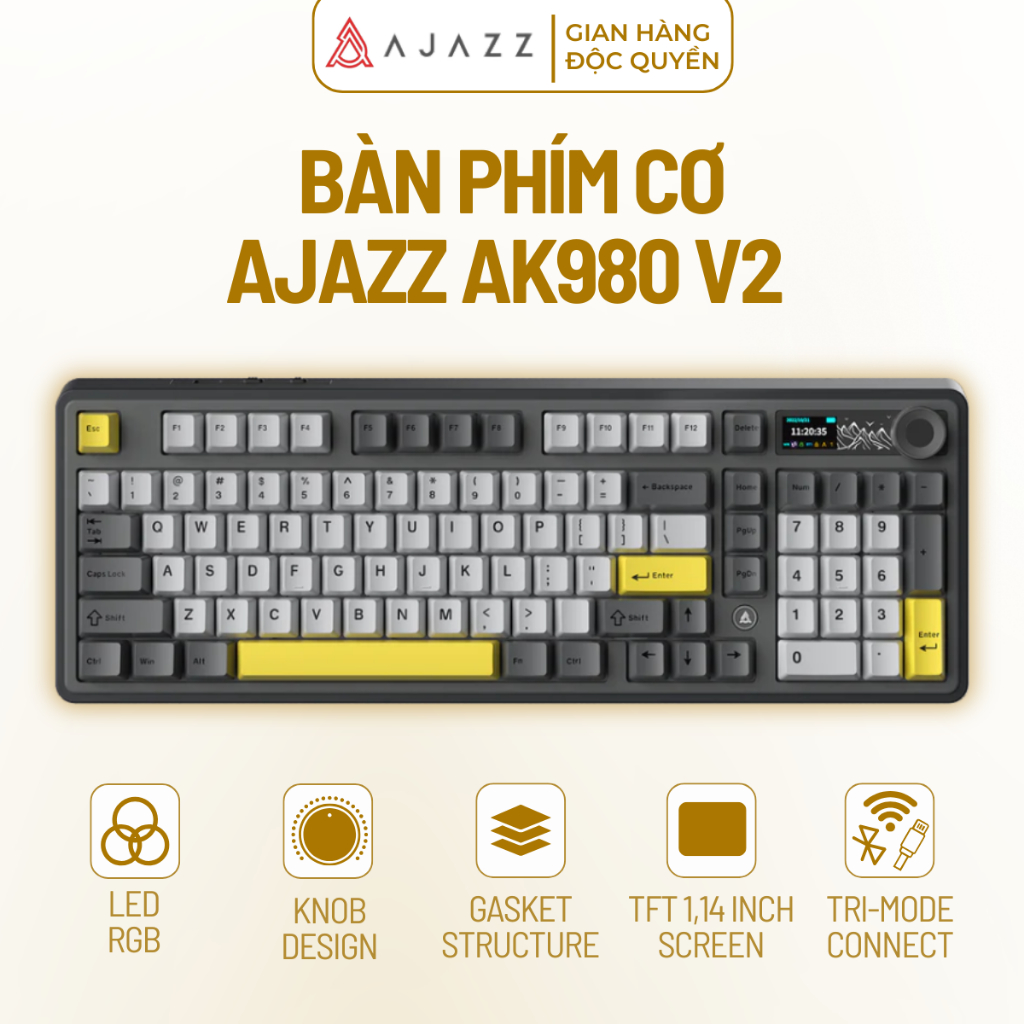 Bàn Phím Cơ Ajazz AK980 V2 3 Mode Kết Nối Led RGB Gasket Mount Hot Swap App Macro Pin 10000mAh