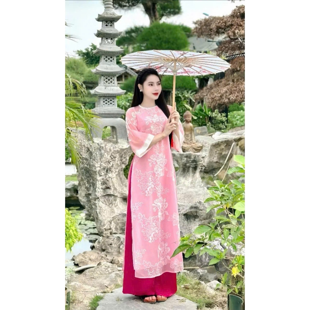 SÉT ÁO DÀI TƠ THÊU HOA NỔI KÈM QUẦN HÀNG TK LOẠI CAO CẤP gnx